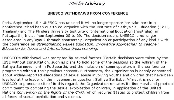 UNESCO MEDIA ADVISORY on their withdrawal from the Sathya Sai Baba Educational Conference in 2000